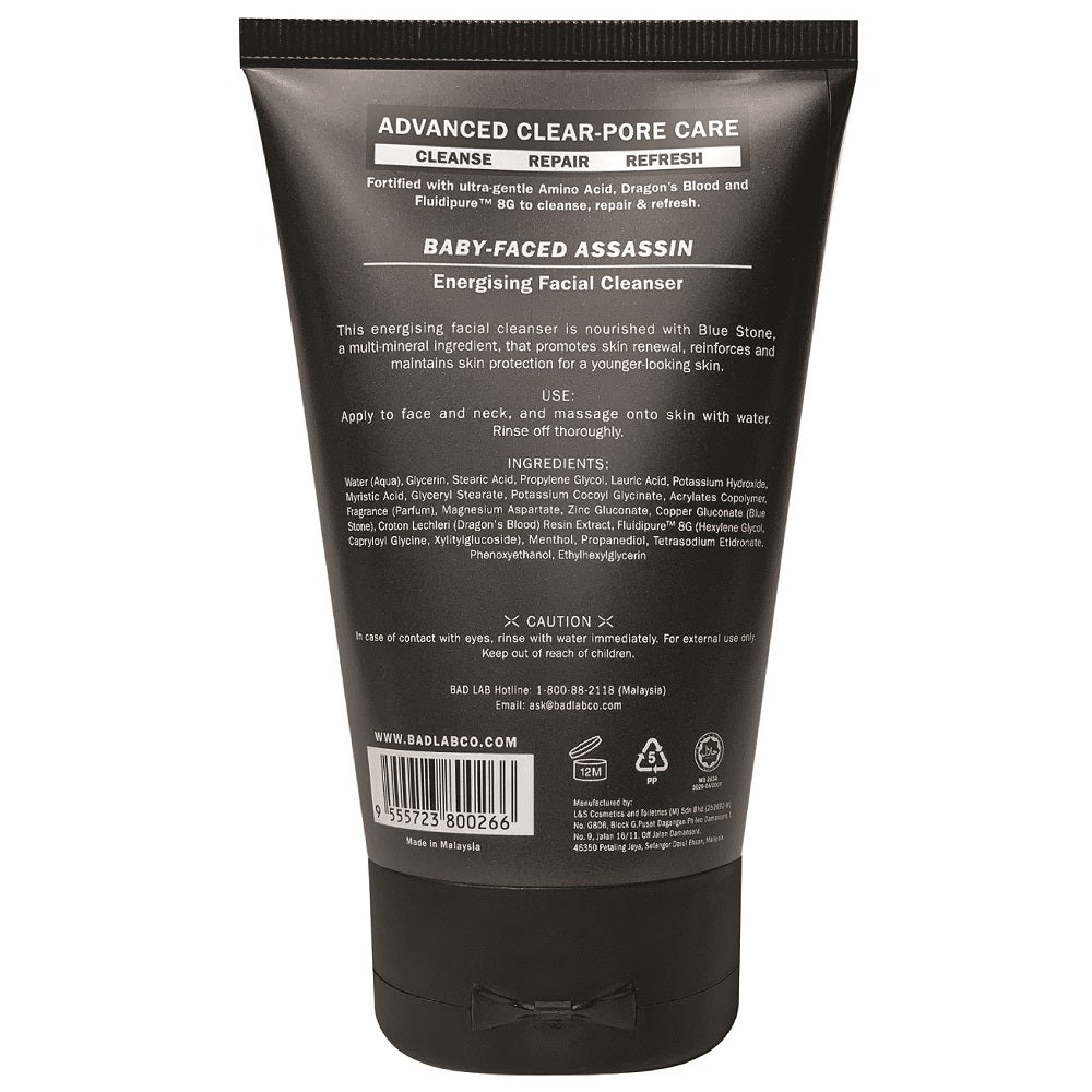 Ingredients and usage instructions on the back label of BAD LAB Baby-Faced Assassin Men's Face Wash.