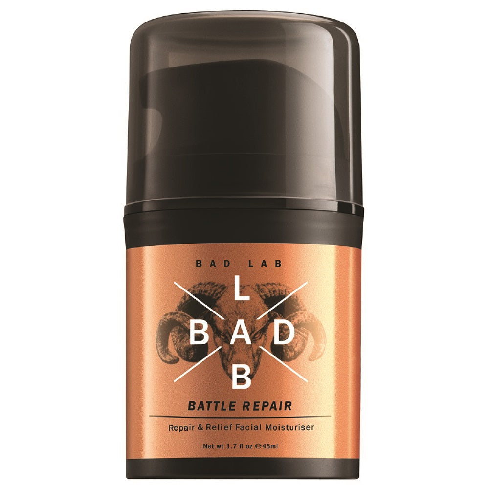 Front view of BAD LAB Battle Repair & Relief Facial Moisturiser 45ml bottle on a clean background.