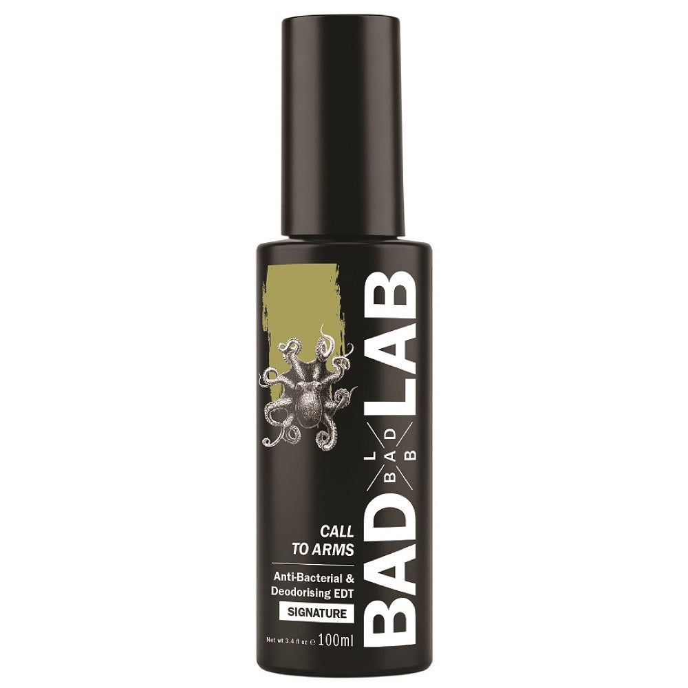 BAD LAB Call To Arms Anti-Bacterial & Deodorising EDT 100ml men's perfume bottle on a white background.