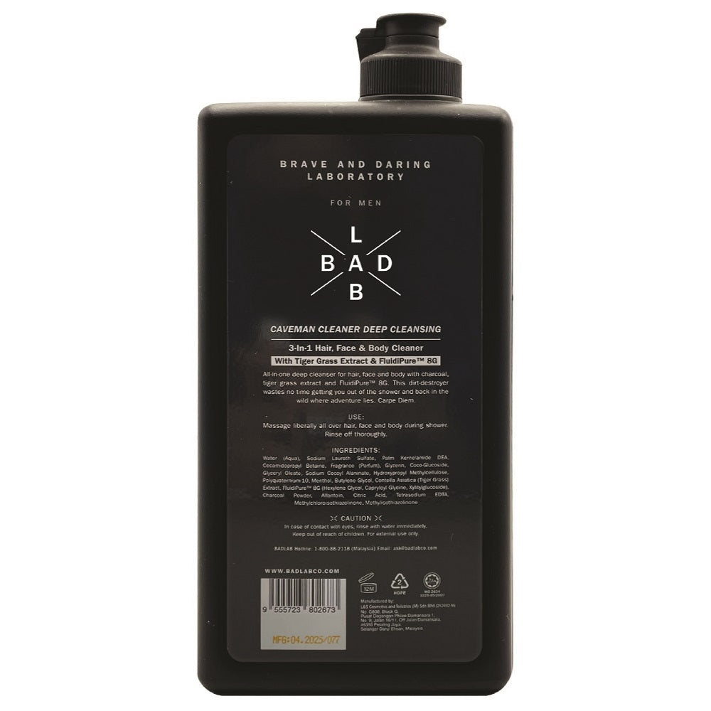 Back label of BAD LAB Caveman 3-in-1 body wash showing ingredients and directions for use.