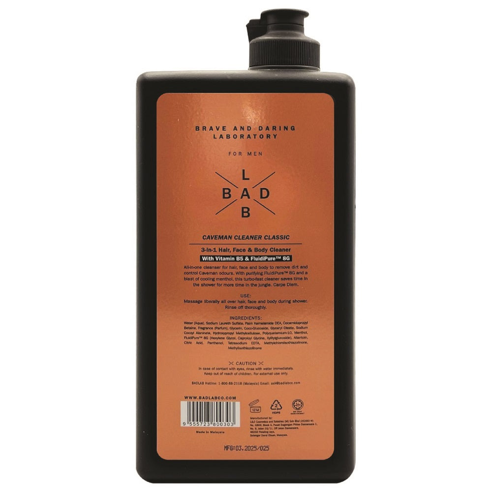 Ingredients list and instructions on the back label of BAD LAB Classic Caveman 3-in-1 400ml.