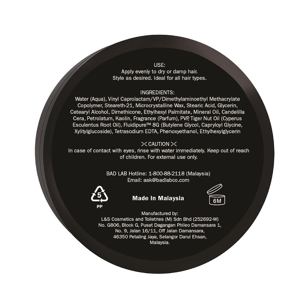 BAD LAB Colt 45 Volumising Hair Wax tub ingredients lists against a clean white background