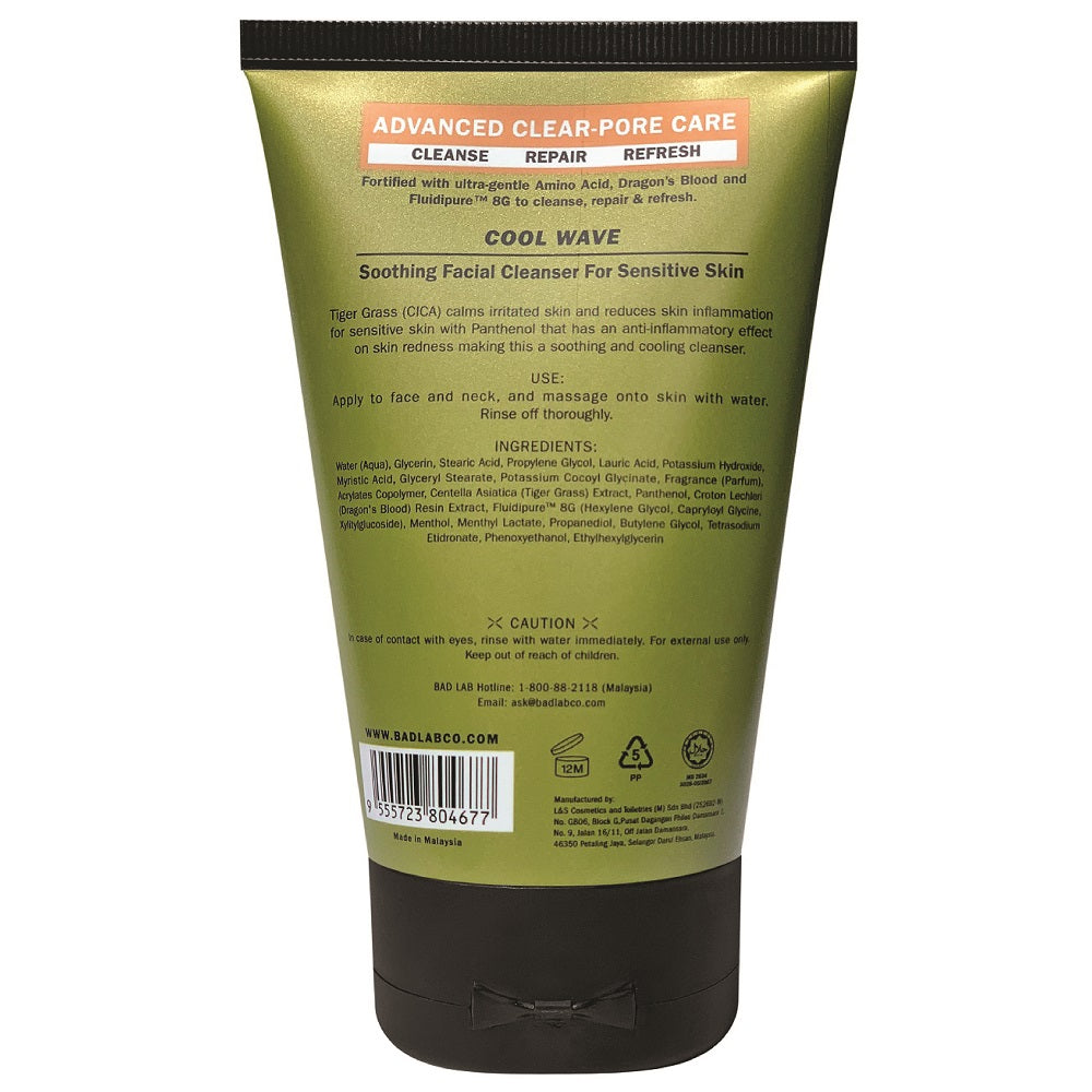 Back label of BAD LAB Cool Wave Soothing Facial Cleanser 100ml showing ingredients and usage directions.