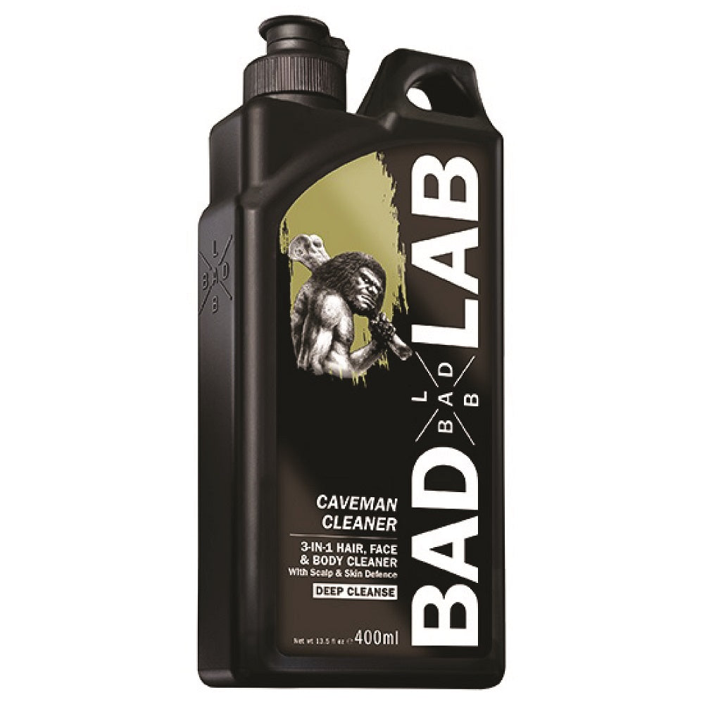 BAD LAB Caveman 3-in-1 men's body wash, shampoo, and facial cleanser in a 400ml bottle.