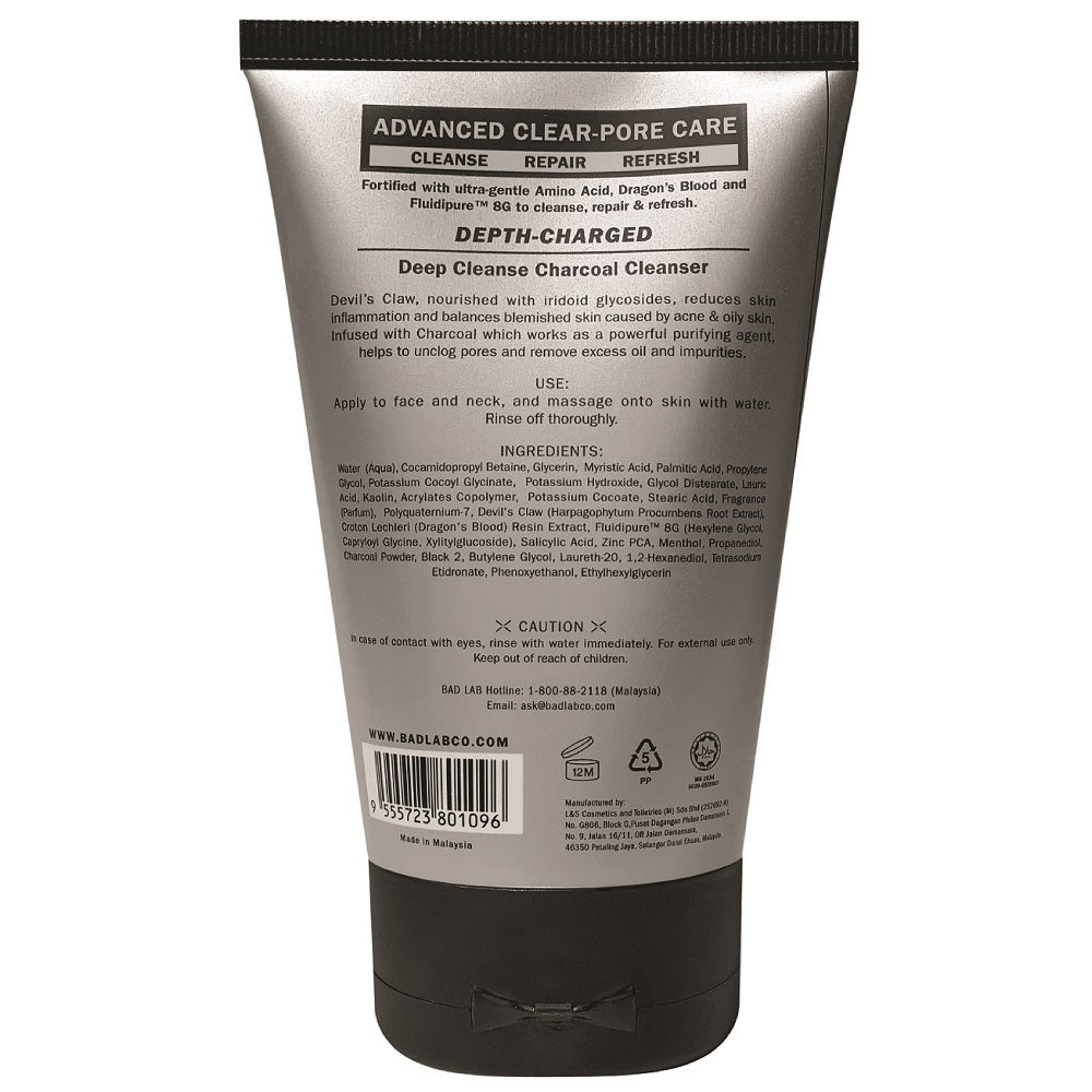 Ingredients list and usage directions on the back of BAD LAB Depth Charged Charcoal Cleanser 100ml.