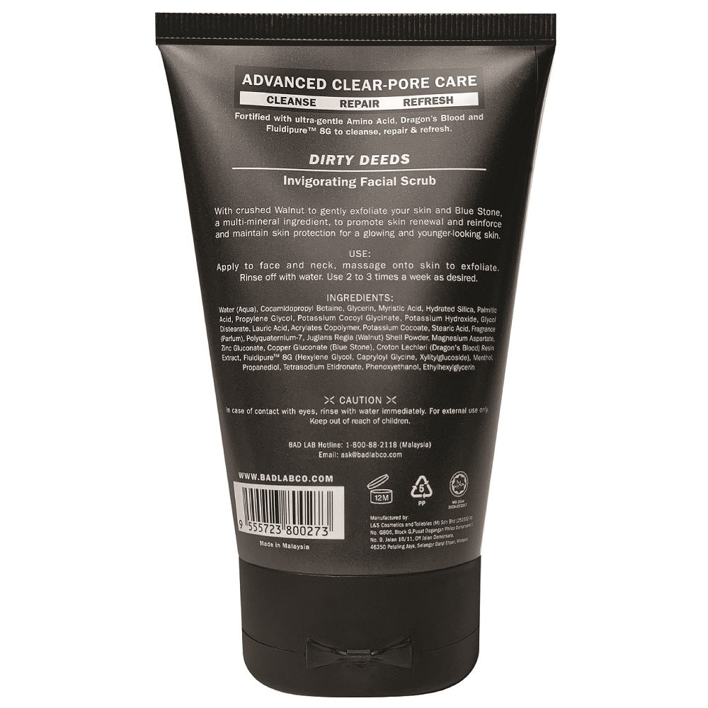 Ingredients list and usage directions on the back of BAD LAB Dirty Deeds Facial Scrub 100ml.