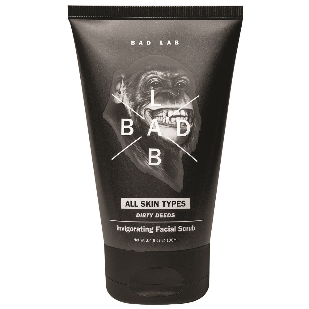 BAD LAB Dirty Deeds Invigorating Facial Scrub 100ml bottle on a clean white background.