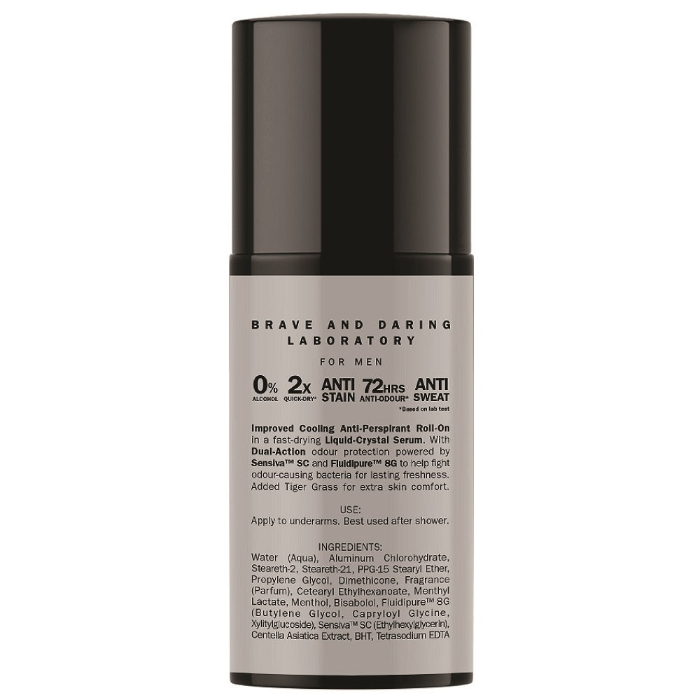 Close-up of the back label on the BAD LAB Ex-Marina Cooling Roll-On Deodorant 50ml showing ingredients and usage instructions.