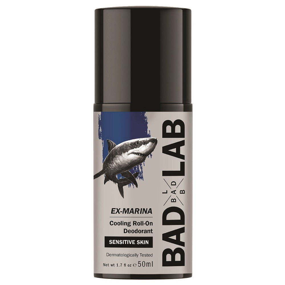 BAD LAB Ex-Marina Cooling Roll-On Deodorant 50ml bottle for men, front view on a white background.