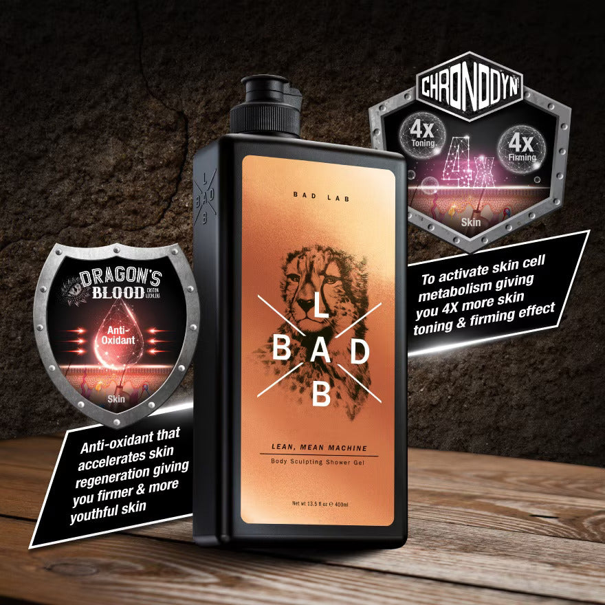 Shower gel bottle with branding and product claims on a dark background