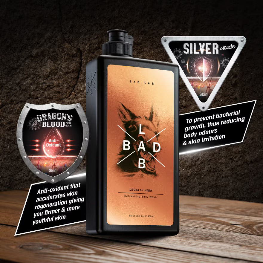 BAD LAB Legally High Refreshing Body Wash (400ml) with promotional text on a dark background