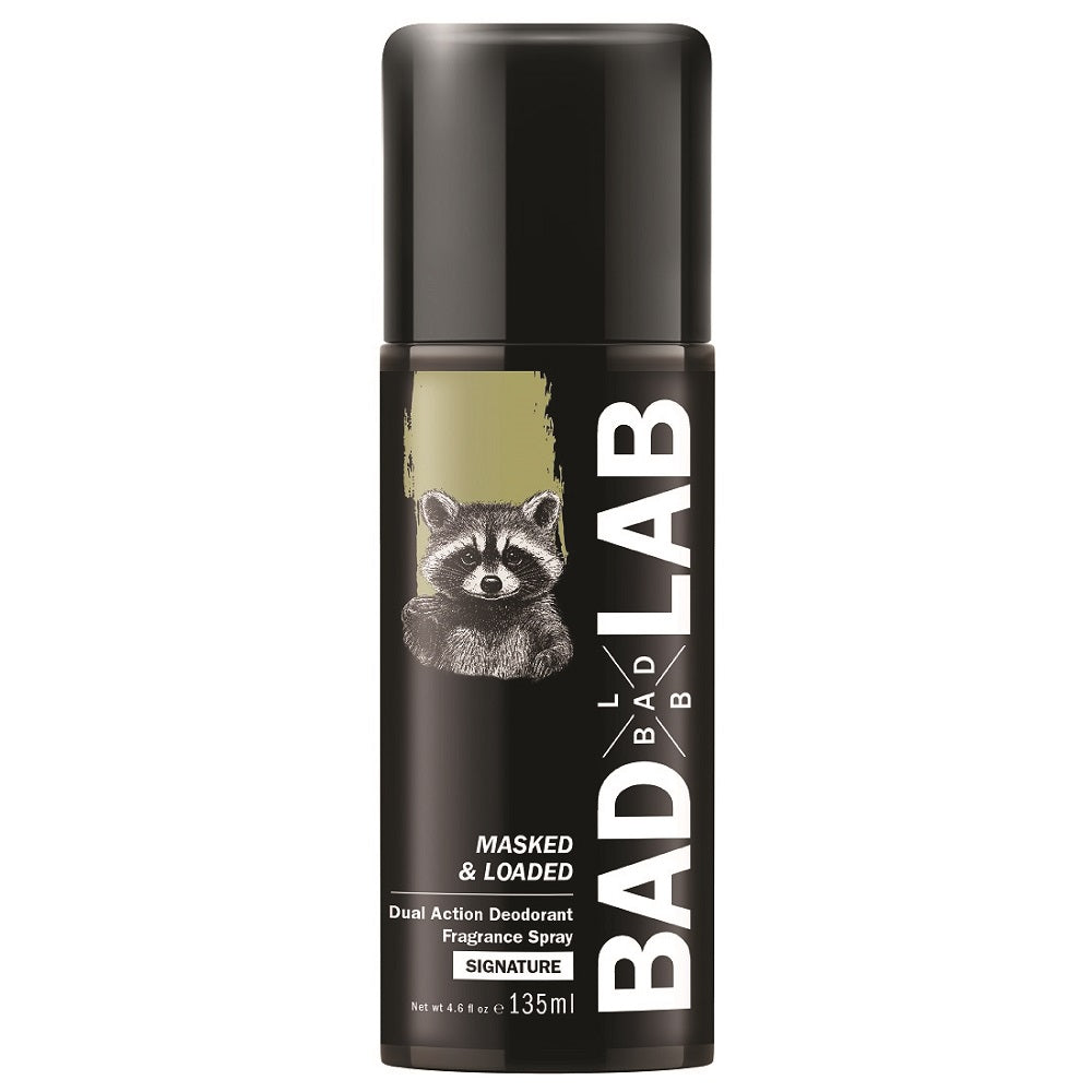 A 135ml black roll-on bottle of Bad Lab Mashed & Loaded Fragrance Spray, featuring a graphic of a raccoon on the label.