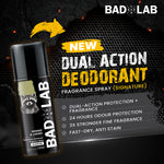A can of BAD LAB Masked & Loaded Dual Action Deodorant Fragrance Spray shown on a dark textured promotional background with large yellow and white text highlighting the product.
