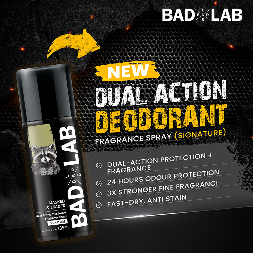 A can of BAD LAB Masked & Loaded Dual Action Deodorant Fragrance Spray shown on a dark textured promotional background with large yellow and white text highlighting the product.
