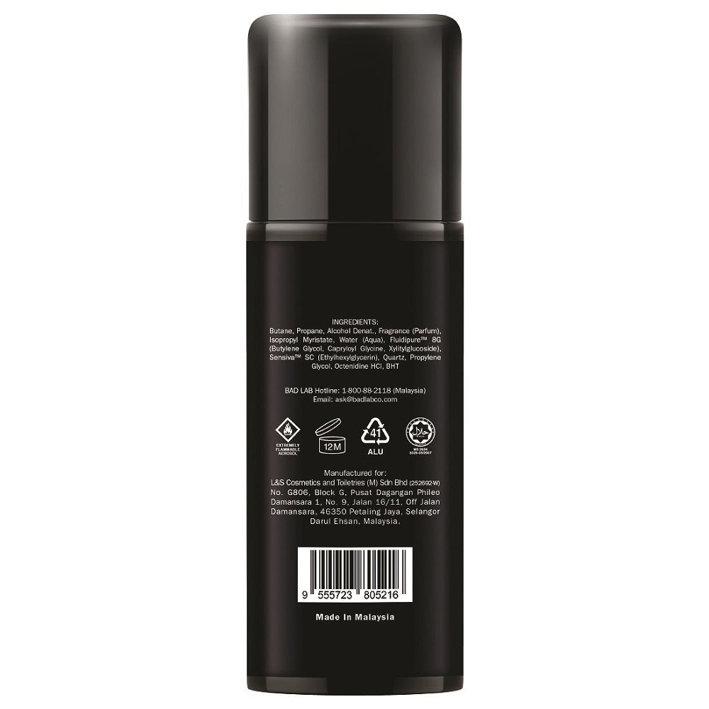 Ingredients and usage directions on the back label of BAD LAB Masked and Loaded body spray.