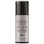 The back of a cylindrical aerosol spray bottle with a black cap and a metallic silver body, showing printed ingredient and barcode text on a white background.