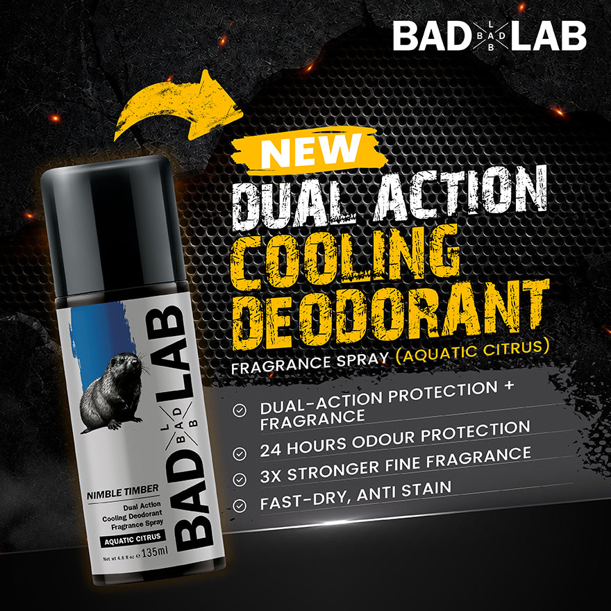 BAD LAB Nimble Timber Deodorant Spray sitting on a modern dark background