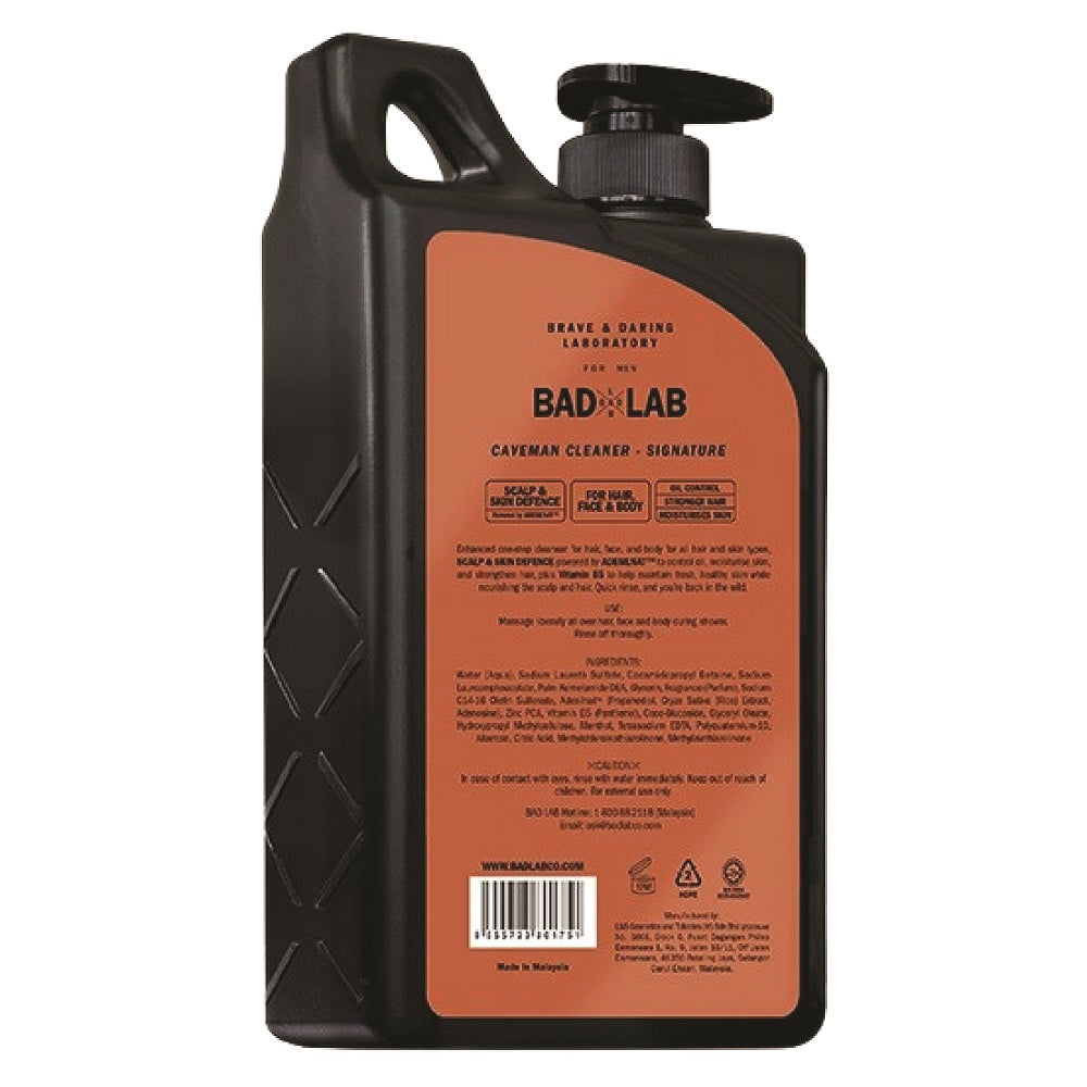 Back label of BAD LAB Caveman Cleaner 800ml showing 3-in-1 usage instructions and ingredients list.