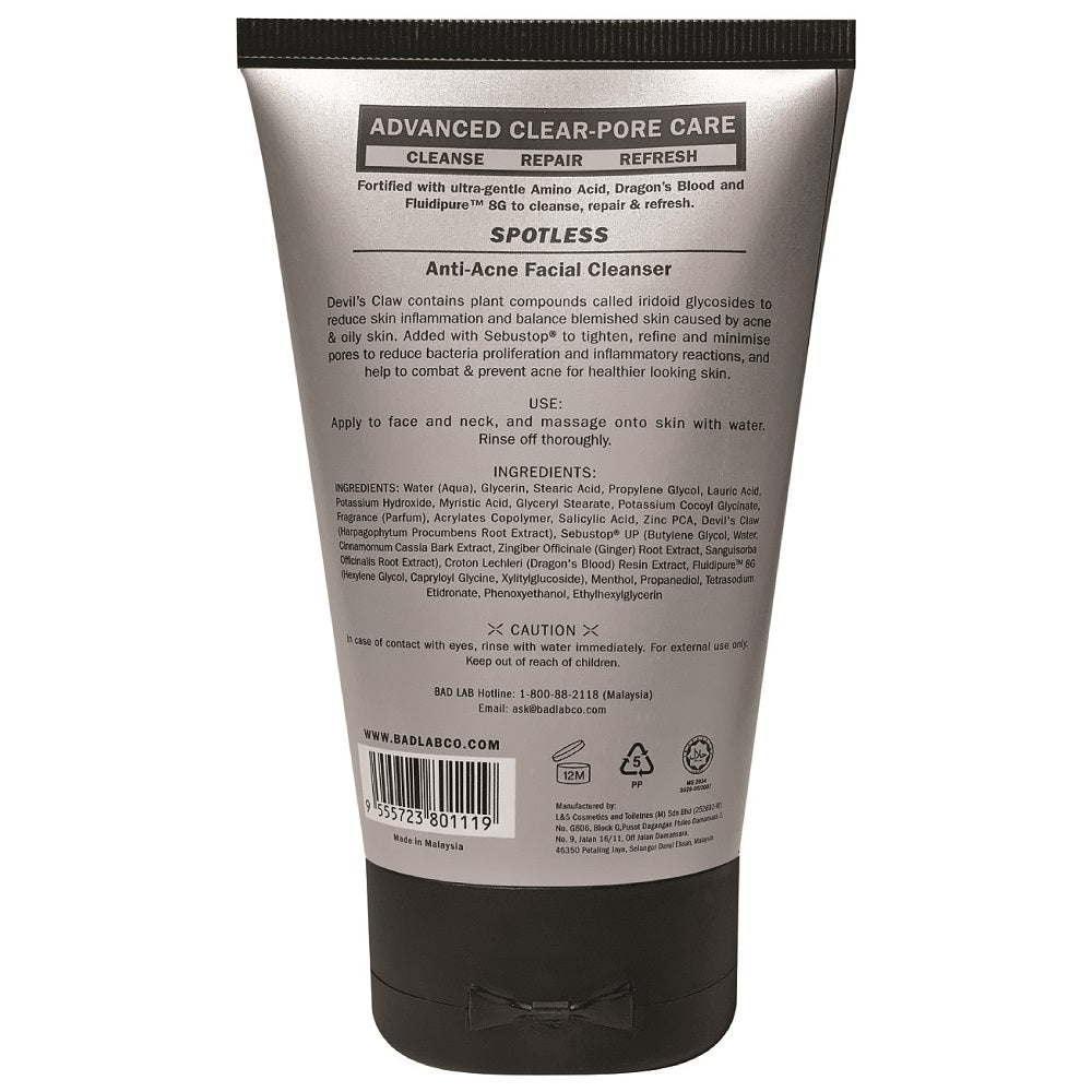 Ingredients list and usage directions on the back of BAD LAB Spotless Anti Acne Face Cleanser 100ml packaging.