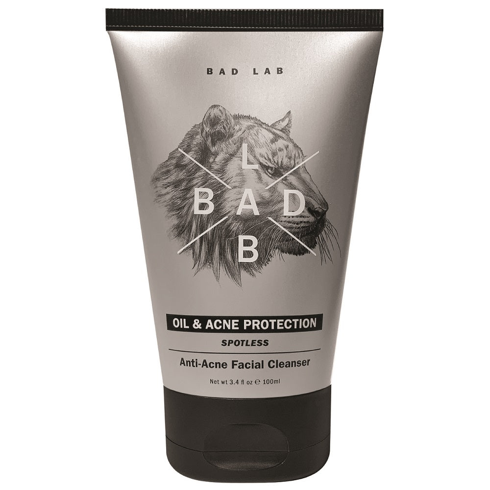 BAD LAB Spotless Anti Acne Facial Cleanser 100ml tube on a clean white background, male skincare product for acne control in Malaysia.