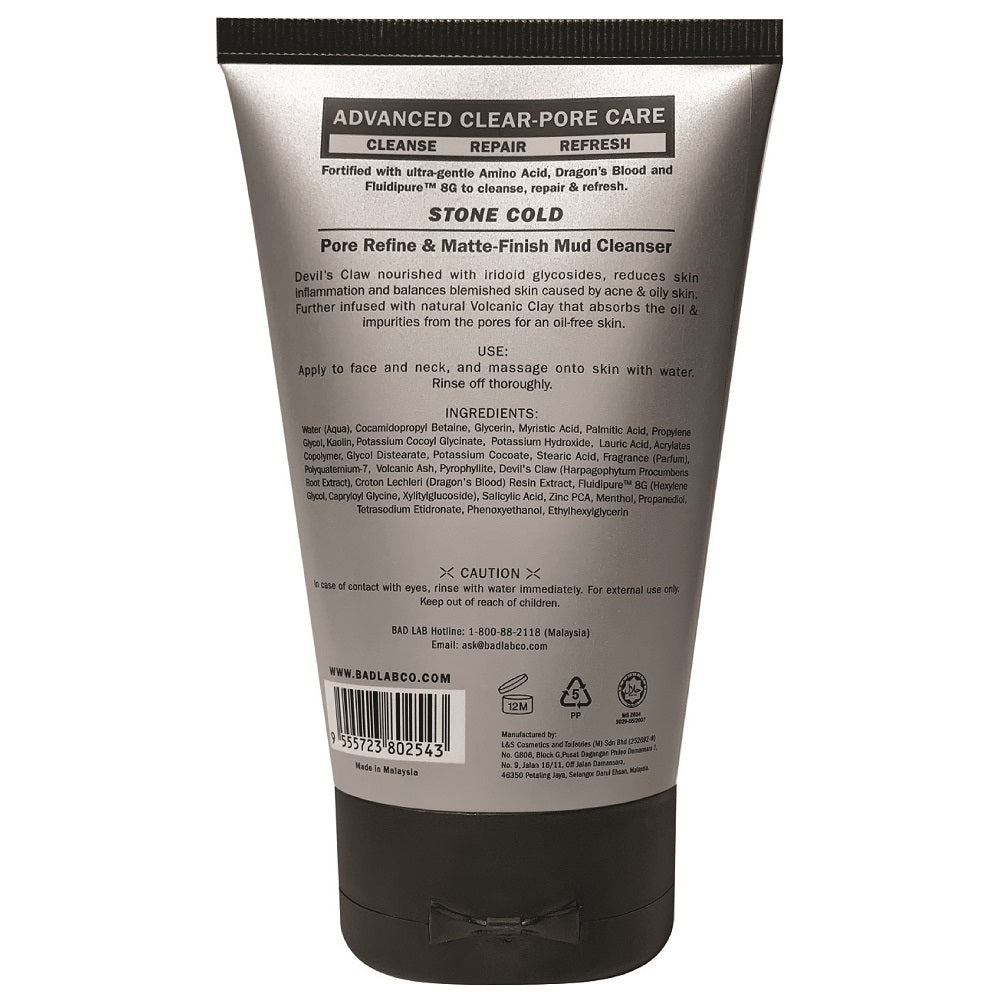 Ingredients list and usage method on the back of BAD LAB Stone Cold Mud Cleanser (100ml)