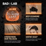 BAD LAB Tri-Scalp Care product advertisement with features on a dark background