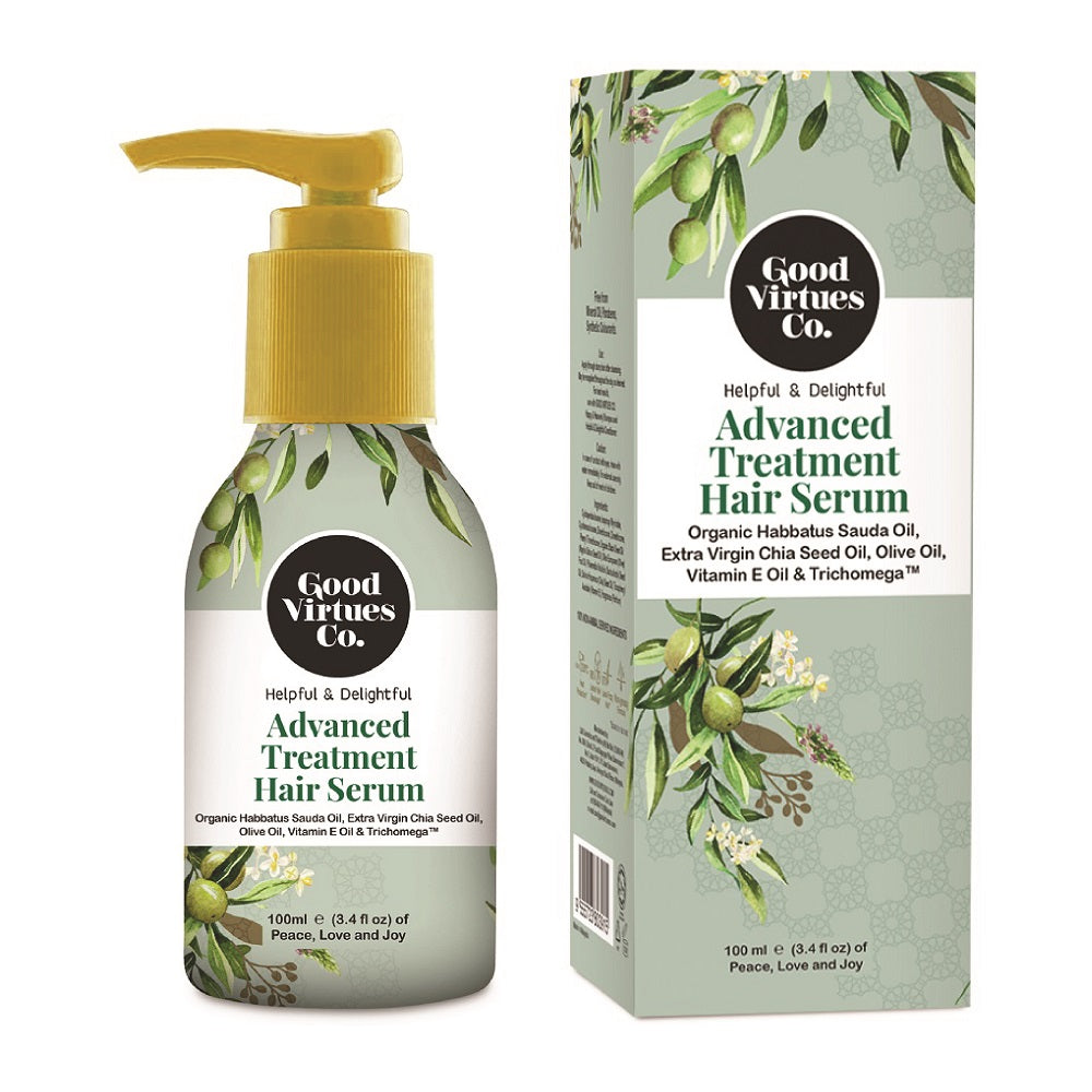 Good Virtues Co. Advanced Treatment Hair Serum 100ml bottle on a clean background for damaged hair repair.