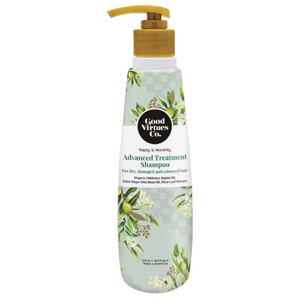 Good Virtues Co. Advanced Treatment Shampoo 275ml bottle with Habbatus Sauda on a clean white background.