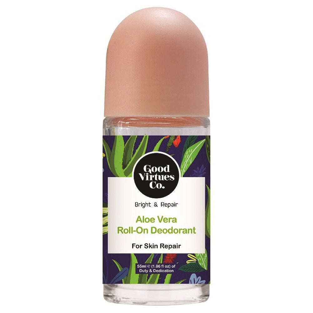 Good Virtues Co. Aloe Vera Roll-On Deodorant 55ml bottle on a white background.