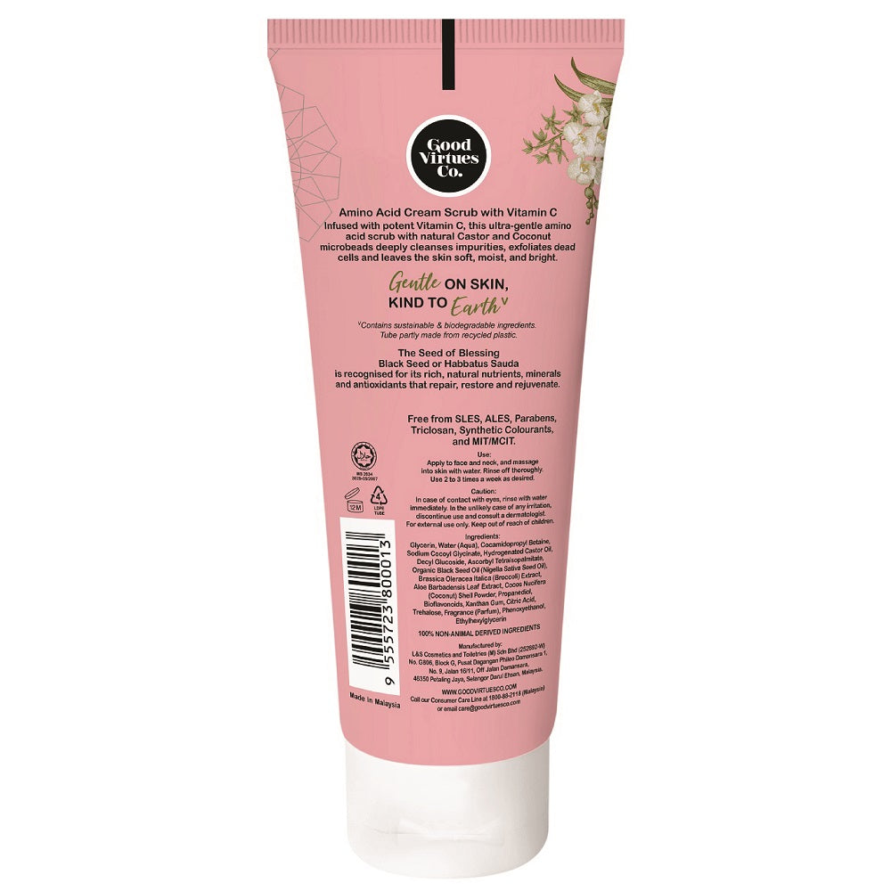 Infographic showing the 100ml Good Virtues Co. Amino Acid Cream Scrub highlighting its gentle amino acid formula.