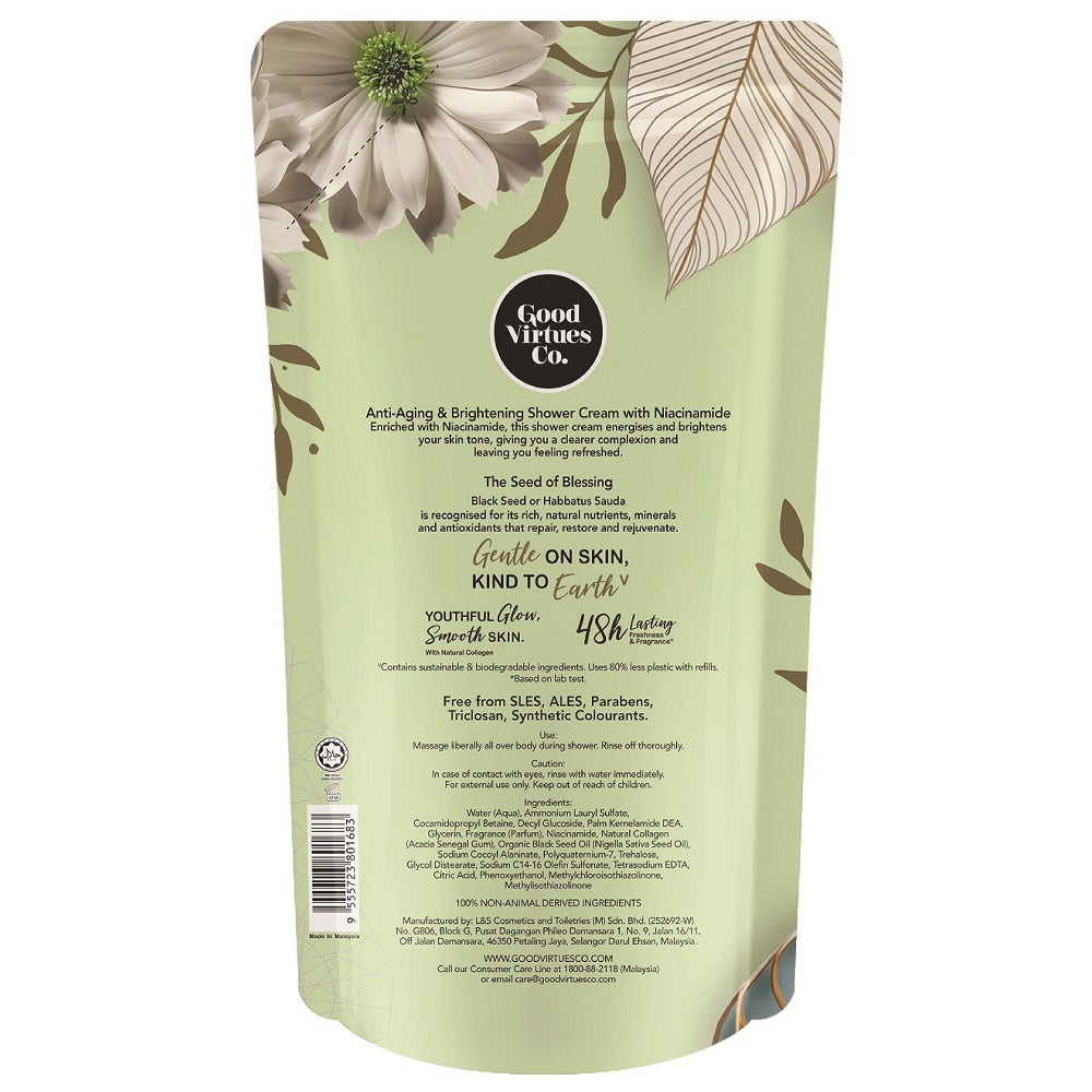 Back of Good Virtues Co. Anti-Aging & Brightening Shower Cream refill pouch showing ingredients and usage instructions.