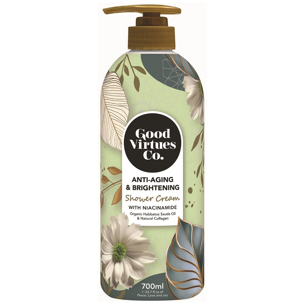 Good Virtues Co. Anti-Aging and Brightening Shower Cream 700ml bottle on a clean background.