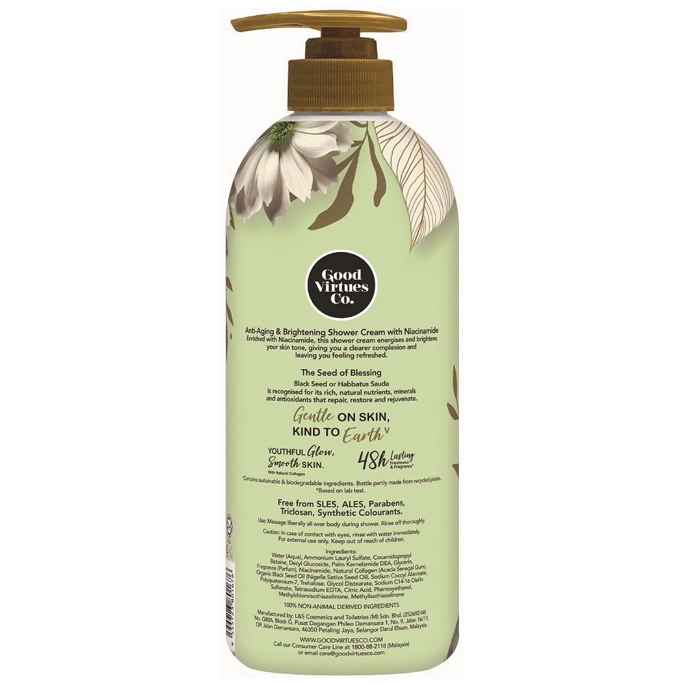 Back label showing ingredients and directions for Good Virtues Co. Anti-Aging Shower Cream 700ml.