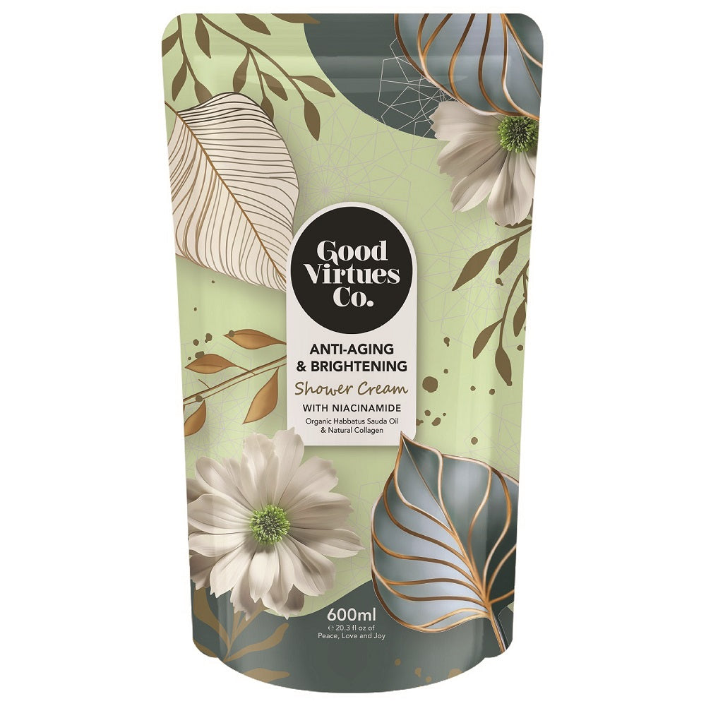 Front view of Good Virtues Co. Anti-Aging and Brightening Shower Cream 600ml refill pouch.
