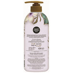 Close-up of the back label showing ingredients for Good Virtues Co. Hydrating Shower Cream.