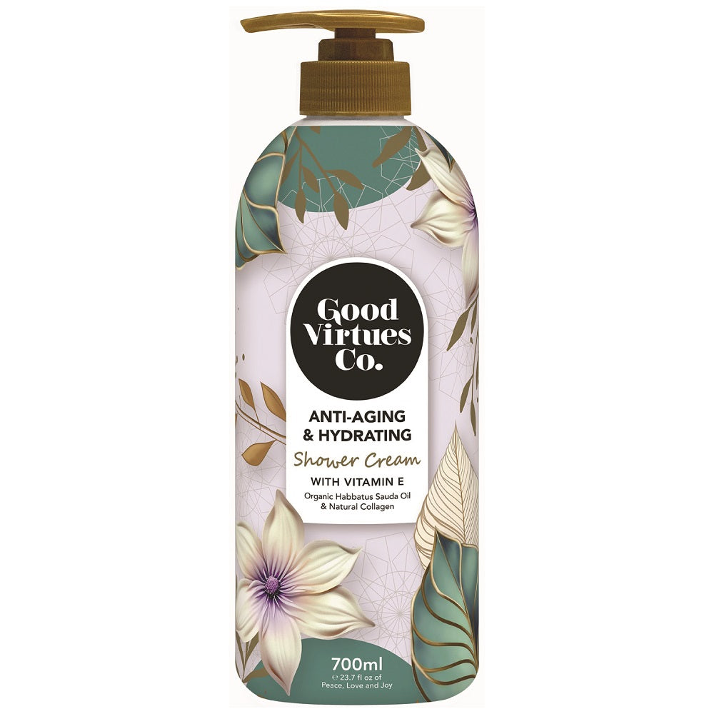 Good Virtues Co. Anti-Aging and Hydrating Shower Cream 700ml bottle on a clean background.
