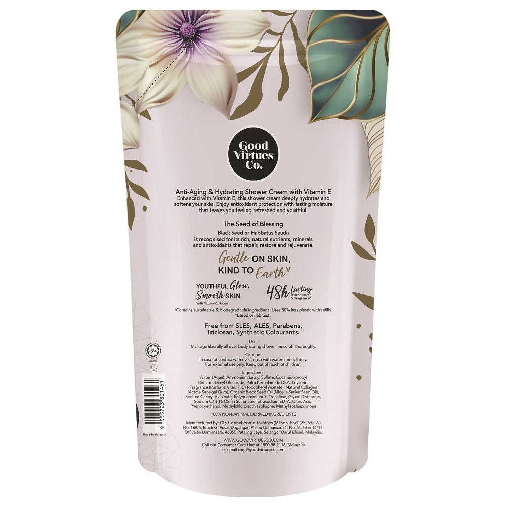 Back view of Good Virtues Co. Anti-Aging Shower Cream 600ml refill pack showing ingredients list and usage instructions.