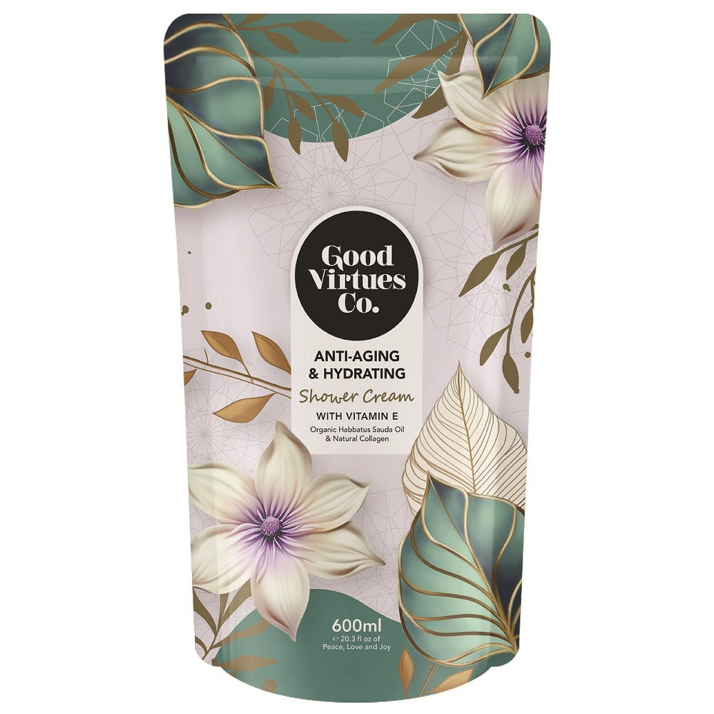 Good Virtues Co. Anti-Aging and Hydrating Shower Cream 600ml refill pouch, front view showing the packaging design and brand logo.