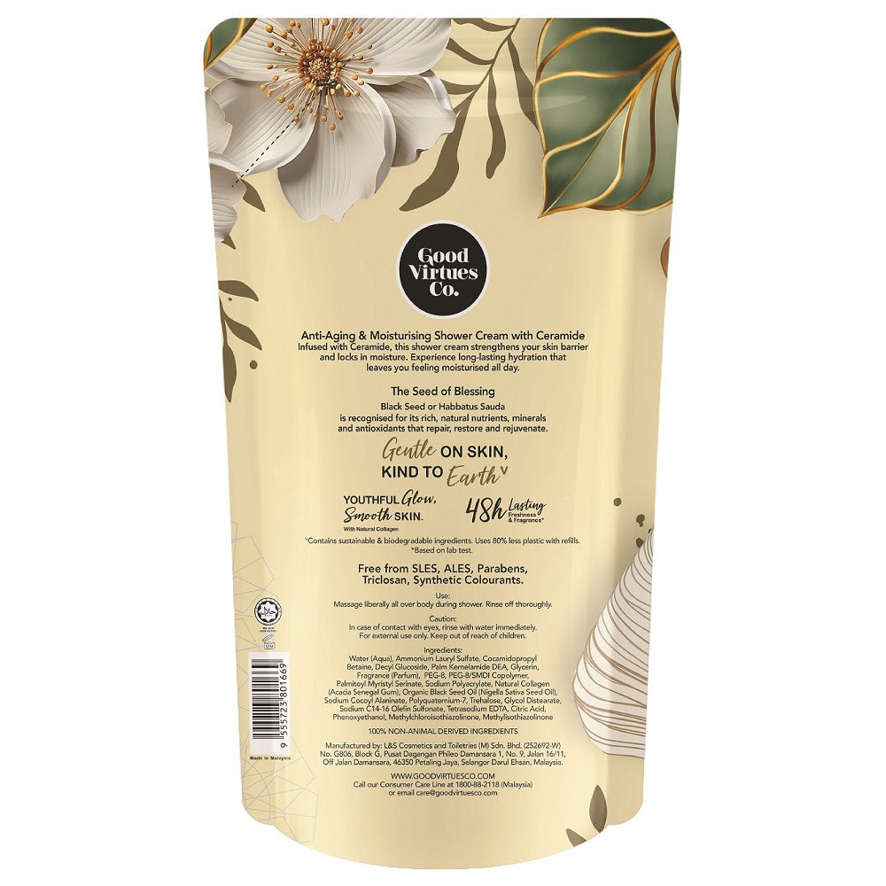 Back label of Good Virtues Anti-Aging Shower Cream Refill showing ingredients list, halal certification, and usage instructions.