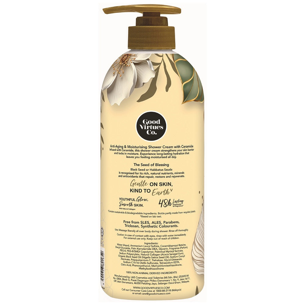 Ingredients and directions label on the back of Good Virtues Co. Anti-Aging Shower Cream 700ml