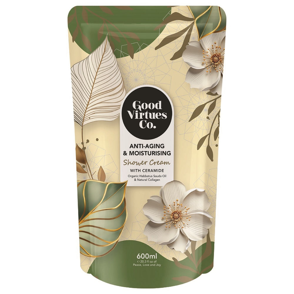 Good Virtues Co. Anti-Aging and Moisturising Shower Cream 600ml refill pouch standing upright against a white background.