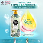 Infographic listing benefits and Halal certification of Good Virtues Co. Anti-Aging Shower Cream.