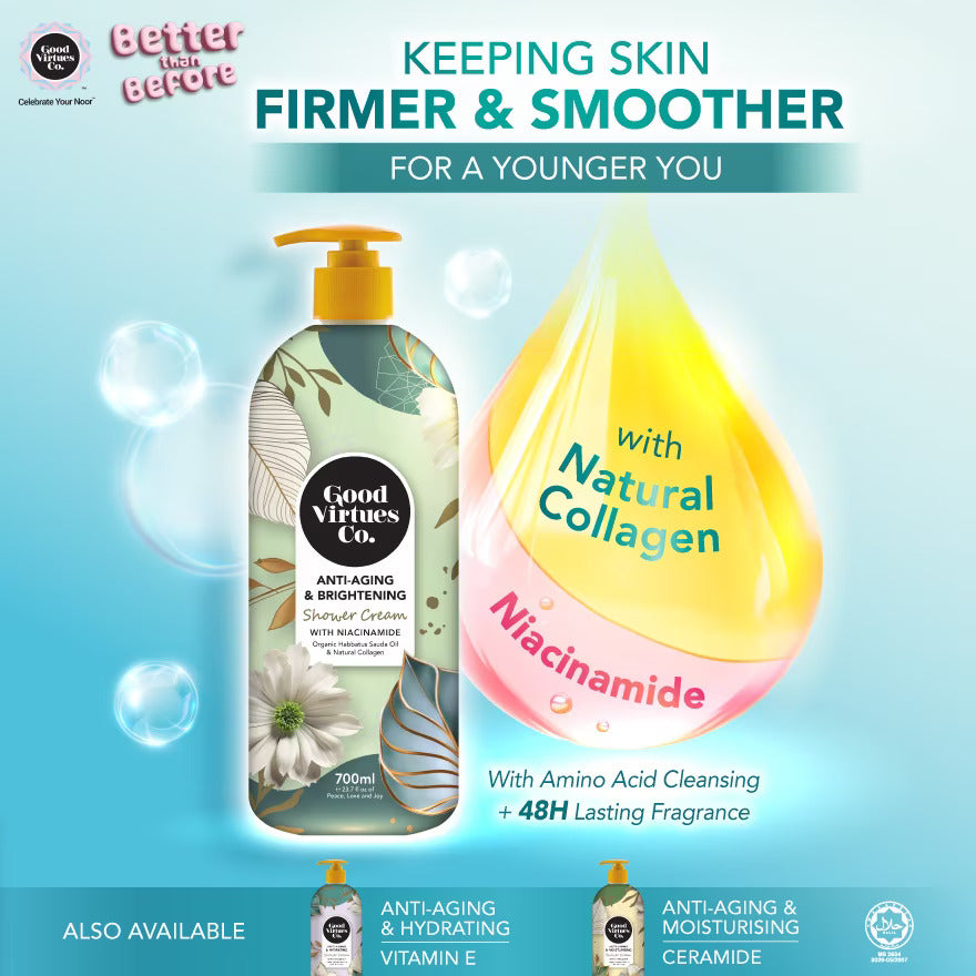 Infographic listing benefits and Halal certification of Good Virtues Co. Anti-Aging Shower Cream.