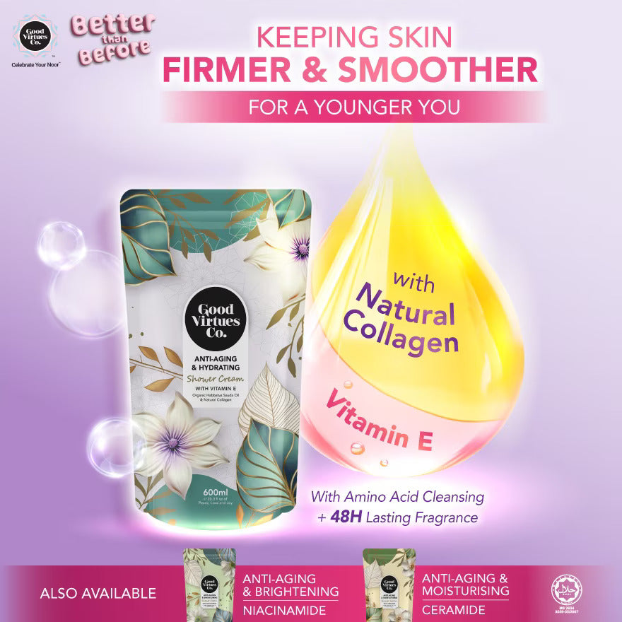 Good Virtues Co. Anti-Aging and Hydrating Shower Cream 600ml on a light purple background