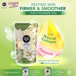 Product packaging with text about skin care benefits and ingredients on a green background