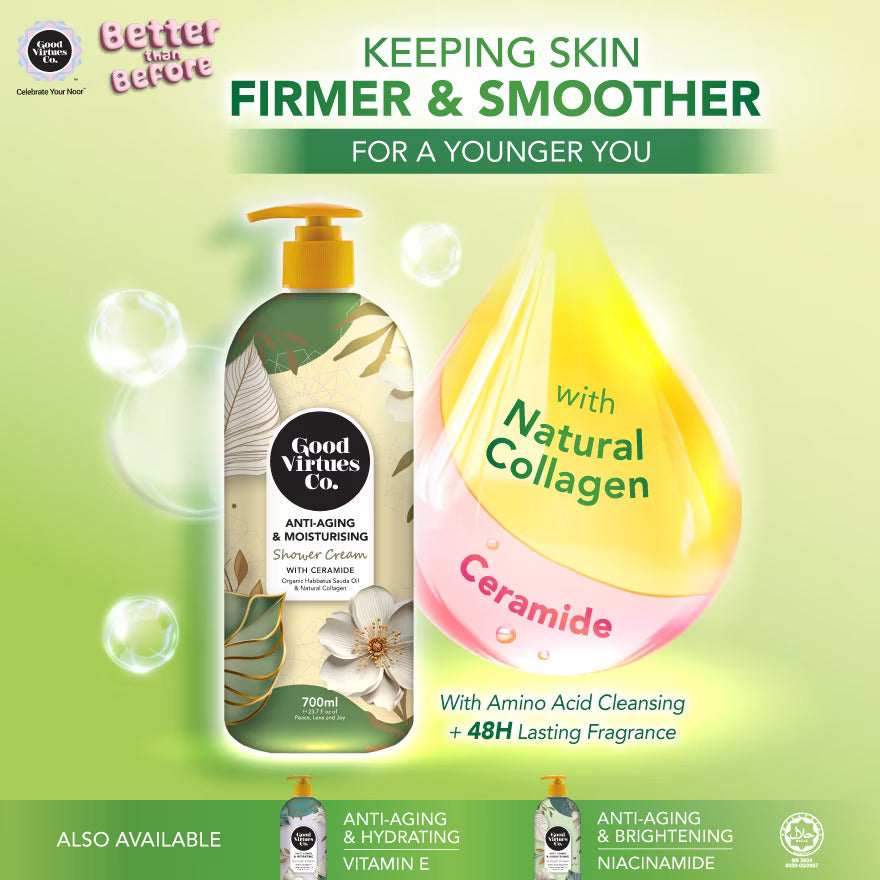Good Virtues Co. Anti-Aging and Moisturising Shower Cream 700ml on a green background