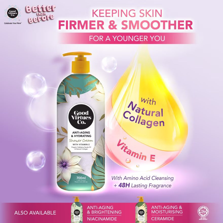 Good Virtues Co. Anti-Aging shower cream 700ml on a promotional advertising background