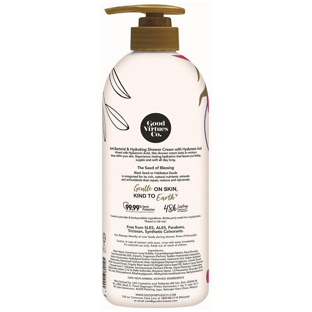 Ingredients list and usage instructions on the back label of Good Virtues Co. Hydrating Shower Cream.