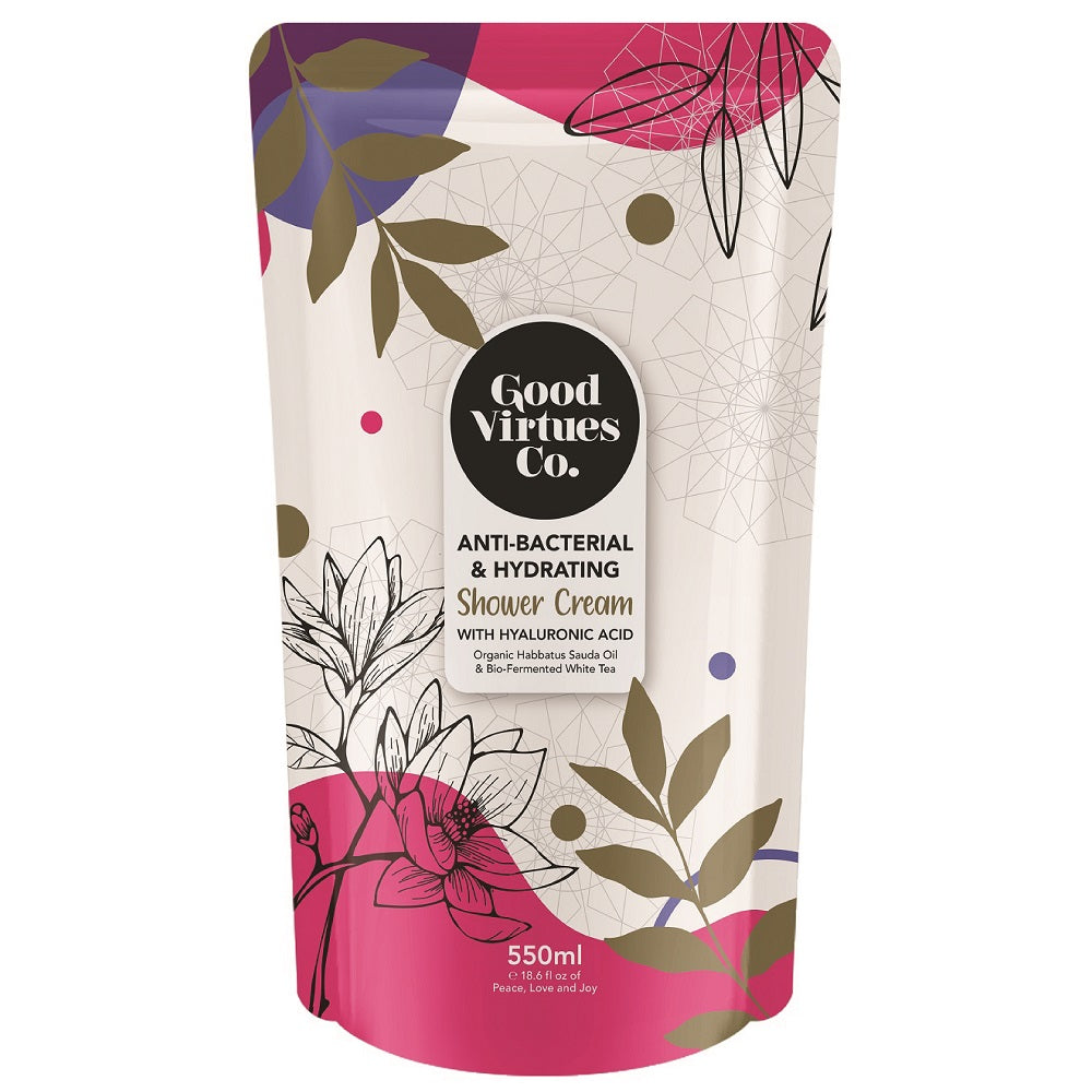 Good Virtues Co. Anti-Bacterial and Hydrating Shower Cream Refill 550ml pouch pack front view.