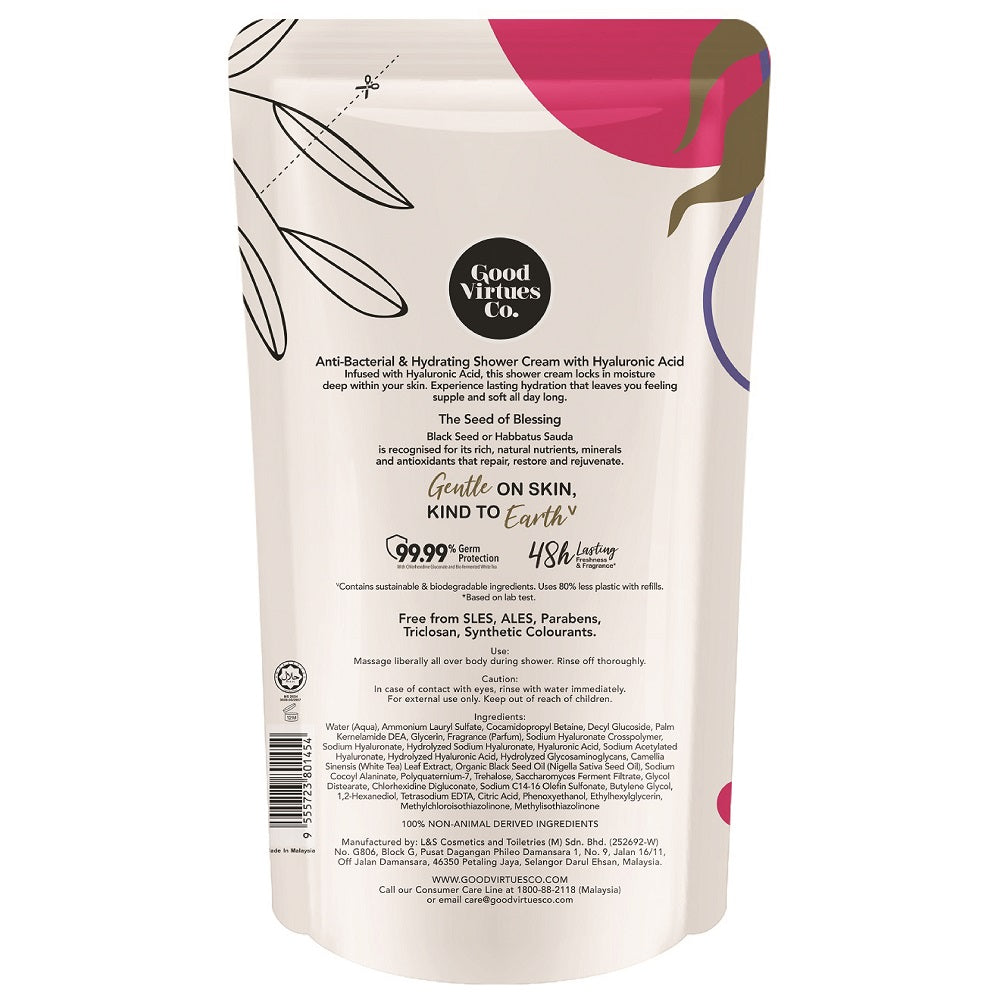 Ingredients and product details on the back of Good Virtues Co. Anti-Bacterial Shower Cream Refill 550ml.